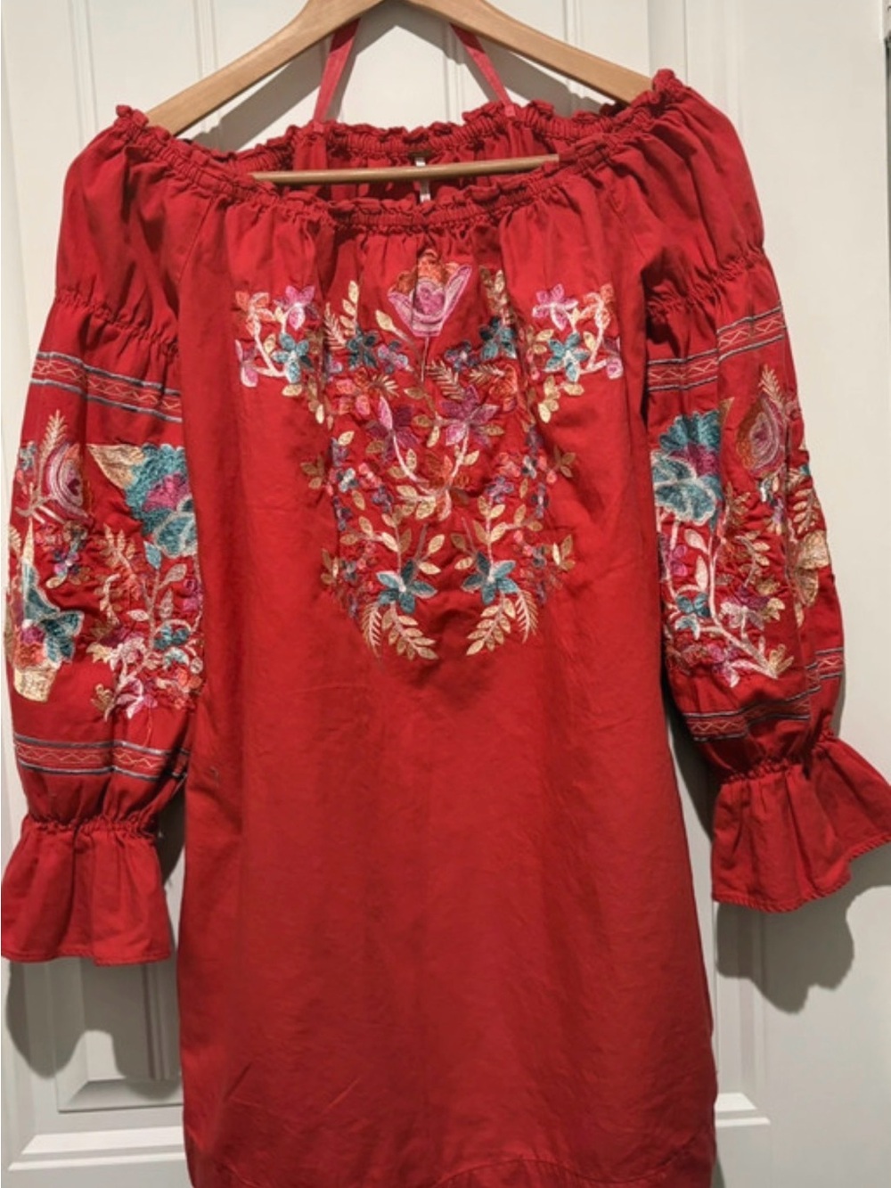Free People Fleur Du Jour Red Embroidered Off The Shoulder Mini Dress Size Small